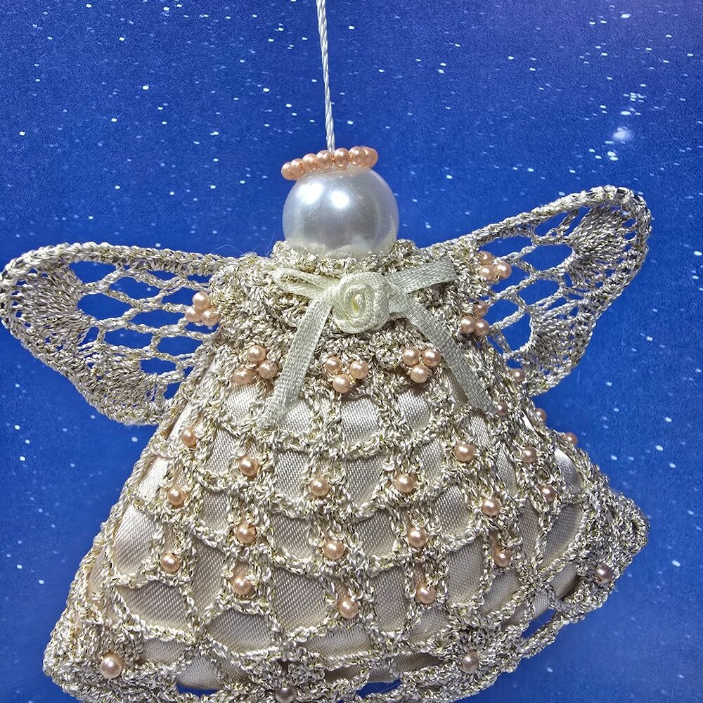 Hand Crocheted Beaded Angel Ornaments Set of 3 Fabric Holiday Decor Spiritual